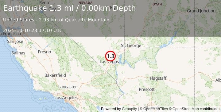 Earthquake 27 km N of Nellis Air Force Base, Nevada (1.3 ml) (2025-10-10 23:17:10 UTC)