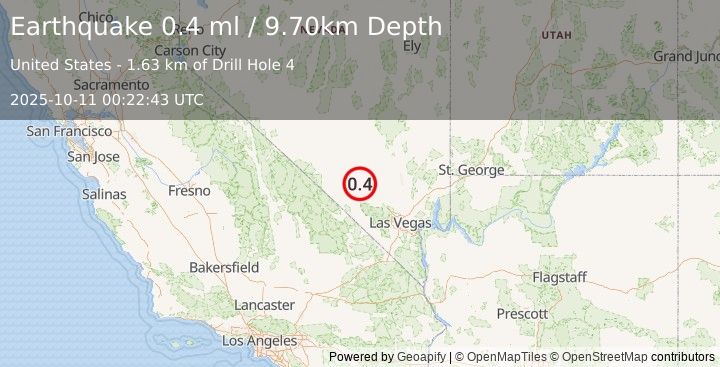 Earthquake 45 km NW of Indian Springs, Nevada (0.4 ml) (2025-10-11 00:22:43 UTC)