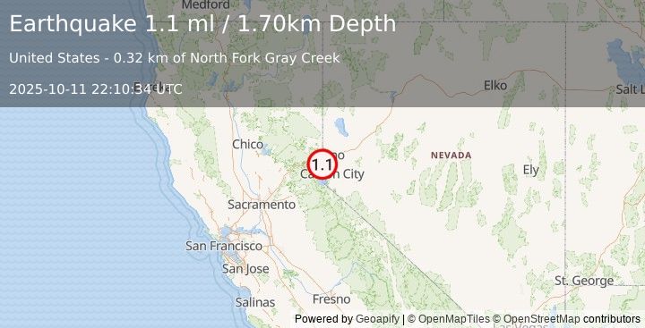 Earthquake 5 km SSE of Floriston, California (1.1 ml) (2025-10-11 22:10:34 UTC)
