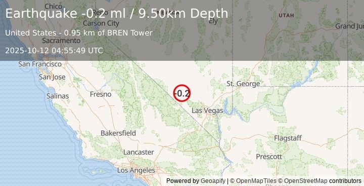 Earthquake 48 km ESE of Beatty, Nevada (-0.2 ml) (2025-10-12 04:55:49 UTC)
