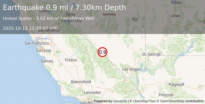 Earthquake 54 km SSW of Goldfield, Nevada (0.9 ml) (2025-10-12 11:30:07 UTC)
