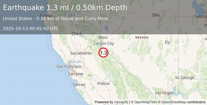 Earthquake 8 km S of Markleeville, California (1.3 ml) (2025-10-13 00:45:40 UTC)