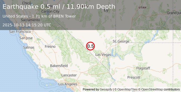 Earthquake 47 km ESE of Beatty, Nevada (0.5 ml) (2025-10-13 14:15:20 UTC)