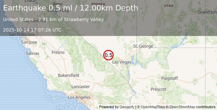 Earthquake 38 km W of Indian Springs, Nevada (0.5 ml) (2025-10-14 17:07:26 UTC)
