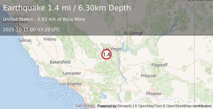 Earthquake 4 km E of Sandy Valley, Nevada (1.4 ml) (2025-10-15 00:03:29 UTC)