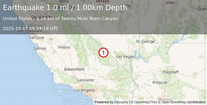 Earthquake 7 km ESE of Furnace Creek, California (1.0 ml) (2025-10-15 05:24:19 UTC)