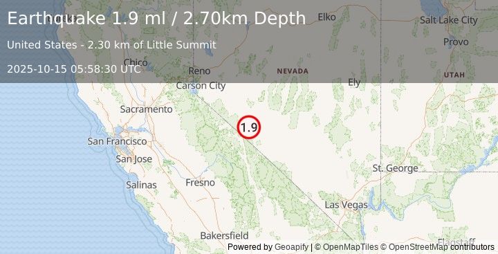 Earthquake 30 km SSW of Mina, Nevada (1.9 ml) (2025-10-15 05:58:30 UTC)