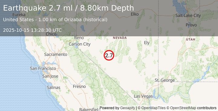 Earthquake 43 km ENE of Mina, Nevada (2.7 ml) (2025-10-15 13:28:30 UTC)