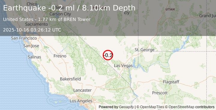 Earthquake 46 km ESE of Beatty, Nevada (-0.2 ml) (2025-10-16 03:26:12 UTC)