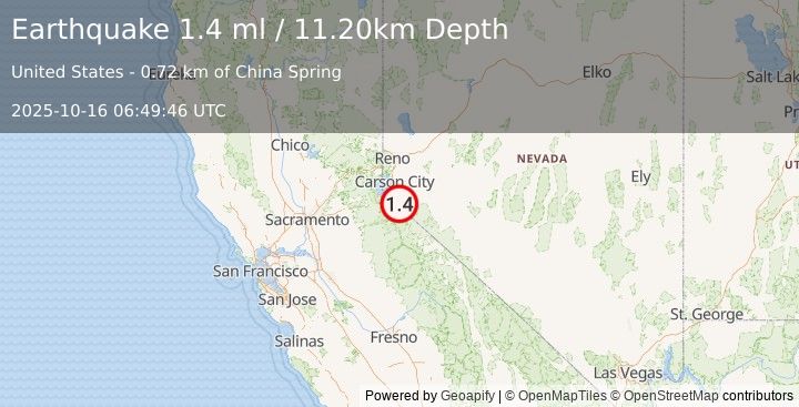 Earthquake 4 km SSW of Carter Springs, Nevada (1.4 ml) (2025-10-16 06:49:46 UTC)