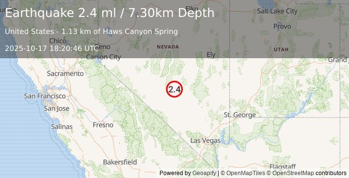 Earthquake 60 km E of Tonopah, Nevada (2.4 ml) (2025-10-17 18:20:46 UTC)