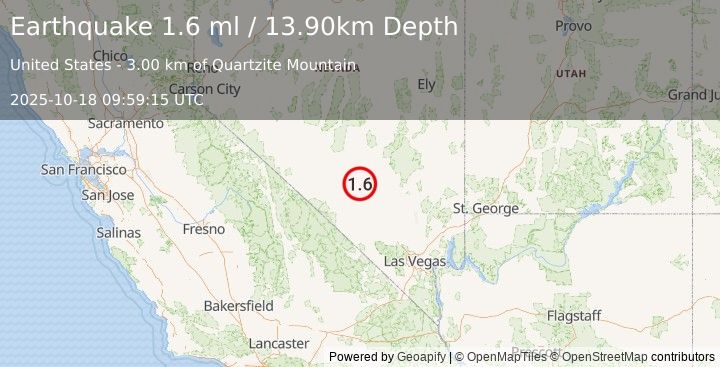 Earthquake 55 km WSW of Rachel, Nevada (1.6 ml) (2025-10-18 09:59:15 UTC)
