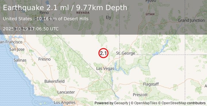 Earthquake 30 km SSW of Alamo, Nevada (2.1 ml) (2025-10-19 17:06:50 UTC)