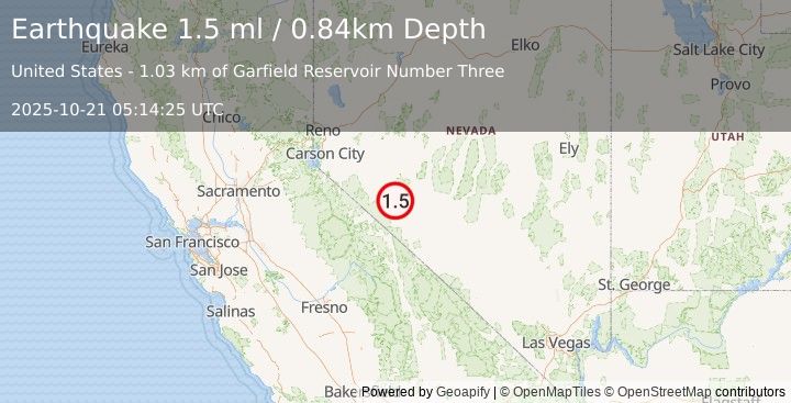 Earthquake 21 km W of Mina, Nevada (1.5 ml) (2025-10-21 05:14:25 UTC)