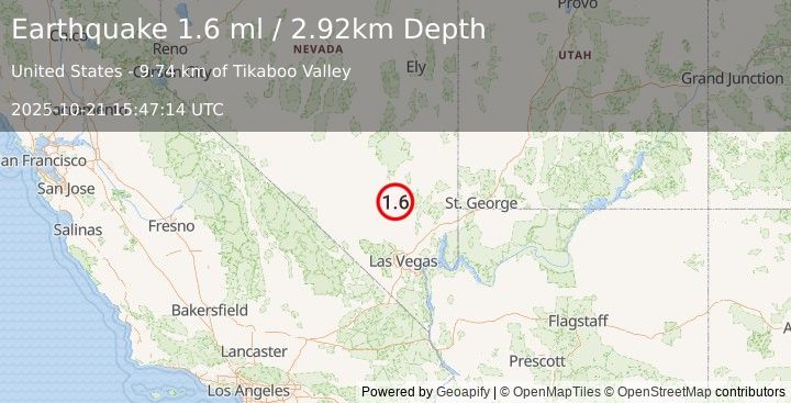 Earthquake 29 km SSW of Alamo, Nevada (1.6 ml) (2025-10-21 15:47:14 UTC)