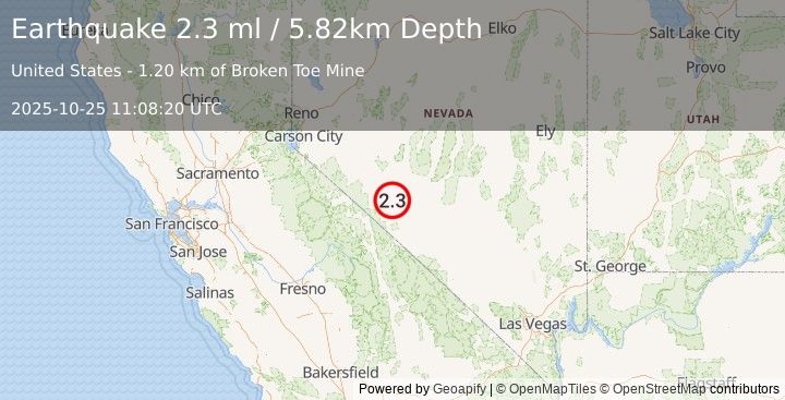 Earthquake 29 km SSE of Mina, Nevada (2.3 ml) (2025-10-25 11:08:20 UTC)