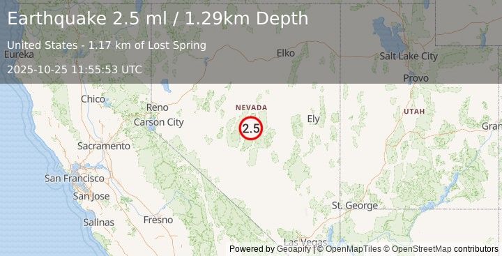 Earthquake 28 km SE of Kingston, Nevada (2.5 ml) (2025-10-25 11:55:53 UTC)