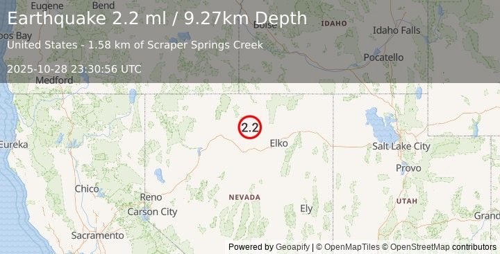 Earthquake 60 km NE of Valmy, Nevada (2.2 ml) (2025-10-28 23:30:56 UTC)
