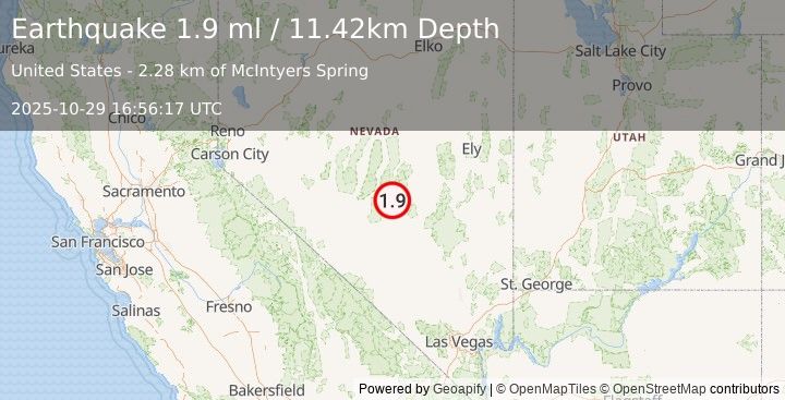 Earthquake 76 km ENE of Tonopah, Nevada (1.9 ml) (2025-10-29 16:56:17 UTC)