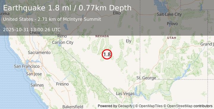 Earthquake 78 km ENE of Tonopah, Nevada (1.8 ml) (2025-10-31 13:00:26 UTC)