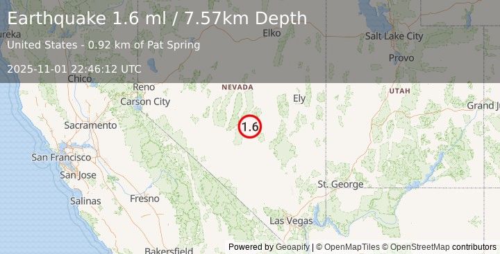 Earthquake 85 km NE of Tonopah, Nevada (1.6 ml) (2025-11-01 22:46:12 UTC)