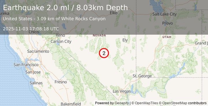 Earthquake 78 km NE of Tonopah, Nevada (2.0 ml) (2025-11-03 17:08:18 UTC)