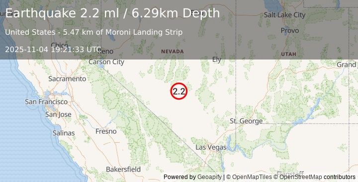 Earthquake 77 km ENE of Tonopah, Nevada (2.3 ml) (2025-11-04 19:21:28 UTC)