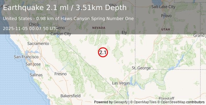 Earthquake 75 km NE of Tonopah, Nevada (2.2 ml) (2025-11-05 00:07:43 UTC)