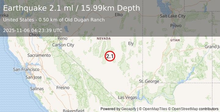 Earthquake 89 km NE of Tonopah, Nevada (2.1 ml) (2025-11-06 04:23:39 UTC)