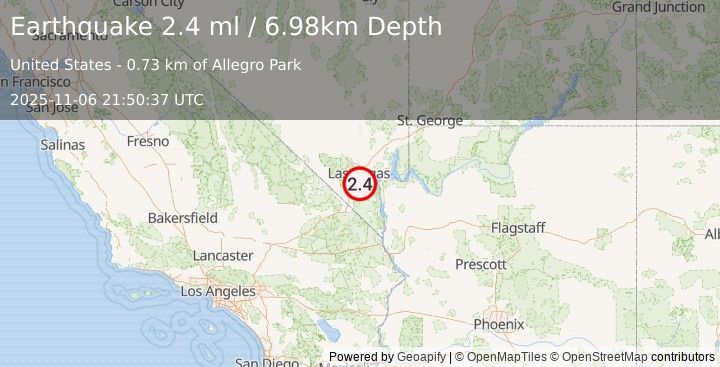 Earthquake 11 km ESE of Enterprise, Nevada (2.4 ml) (2025-11-06 21:50:37 UTC)