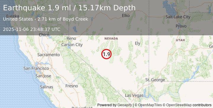 Earthquake 60 km N of Tonopah, Nevada (1.9 ml) (2025-11-06 23:48:37 UTC)