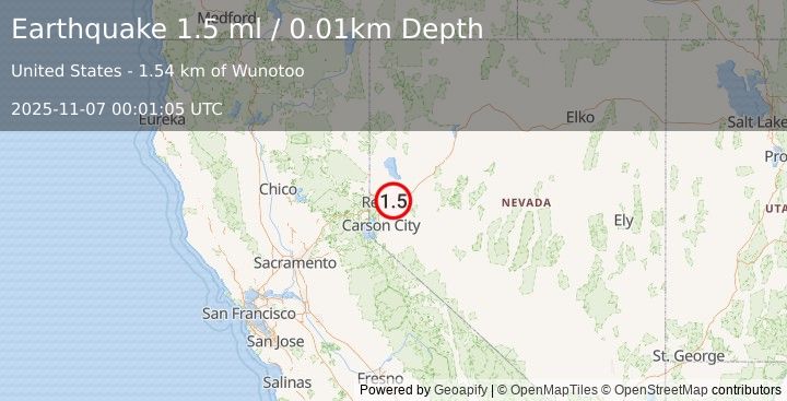 Earthquake 19 km SE of Spanish Springs, Nevada (1.5 ml) (2025-11-07 00:01:05 UTC)