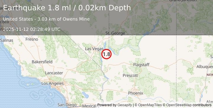 Earthquake 18 km NE of White Hills, Arizona (1.8 ml) (2025-11-12 02:28:49 UTC)