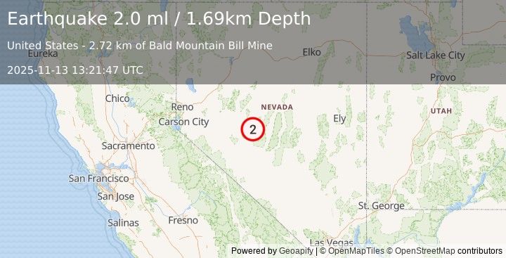Earthquake 30 km ENE of Gabbs, Nevada (2.0 ml) (2025-11-13 13:21:47 UTC)
