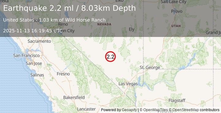 Earthquake 58 km W of Rachel, Nevada (2.2 ml) (2025-11-13 16:19:45 UTC)