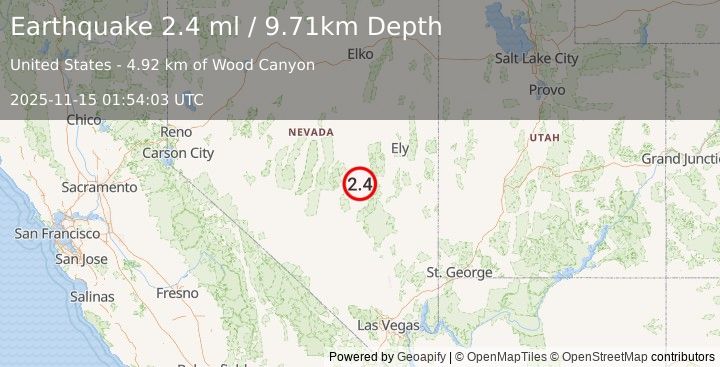 Earthquake 68 km WSW of Preston, Nevada (2.4 ml) (2025-11-15 01:54:03 UTC)
