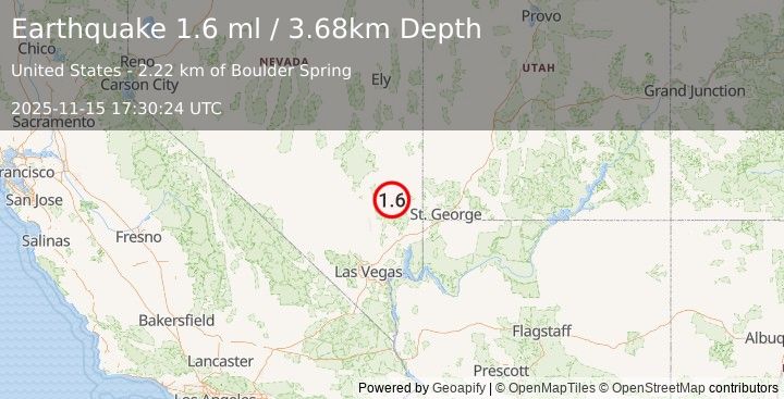 Earthquake 34 km SSW of Caliente, Nevada (1.6 ml) (2025-11-15 17:30:24 UTC)