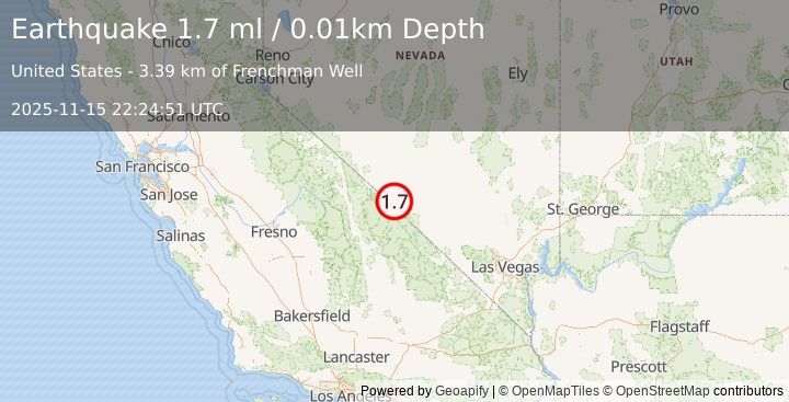 Earthquake 54 km SSW of Goldfield, Nevada (1.7 ml) (2025-11-15 22:24:51 UTC)
