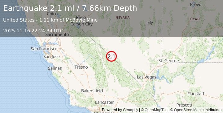 Earthquake 46 km S of Silver Peak, Nevada (2.1 ml) (2025-11-16 22:24:34 UTC)