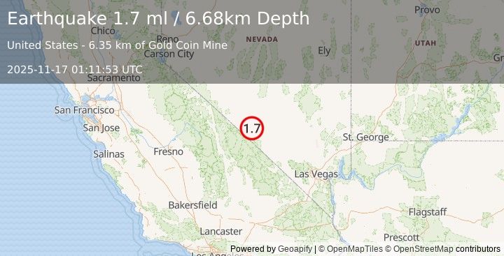 Earthquake 43 km S of Goldfield, Nevada (1.7 ml) (2025-11-17 01:11:53 UTC)
