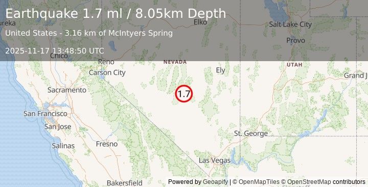 Earthquake 79 km ENE of Tonopah, Nevada (1.7 ml) (2025-11-17 13:48:50 UTC)