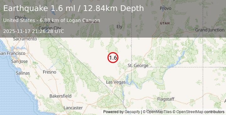 Earthquake 11 km WSW of Hiko, Nevada (1.6 ml) (2025-11-17 21:26:28 UTC)