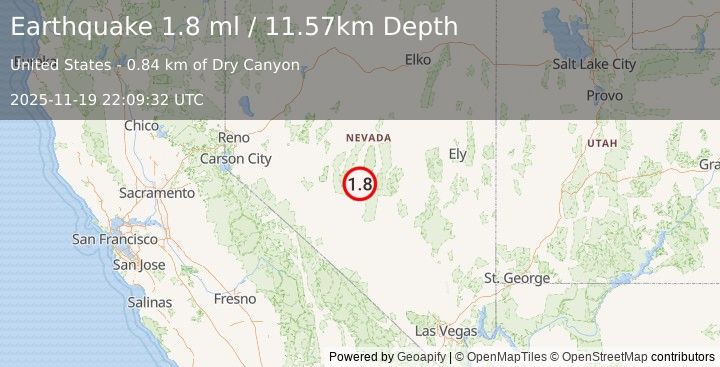 Earthquake 52 km S of Kingston, Nevada (1.8 ml) (2025-11-19 22:09:32 UTC)