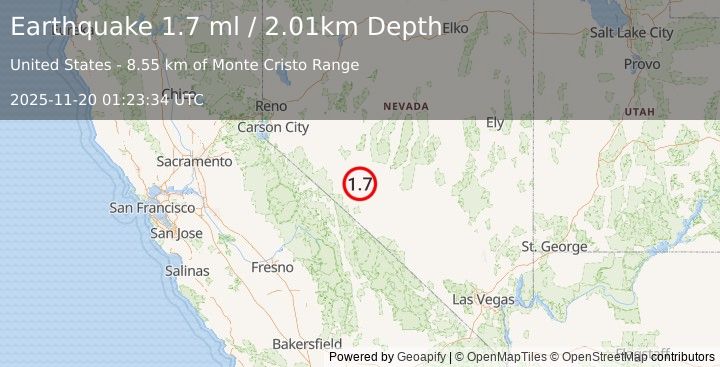 Earthquake 31 km SE of Mina, Nevada (1.7 ml) (2025-11-20 01:23:34 UTC)