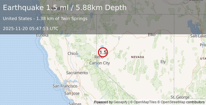 Earthquake 13 km WSW of Nixon, Nevada (1.5 ml) (2025-11-20 05:47:53 UTC)