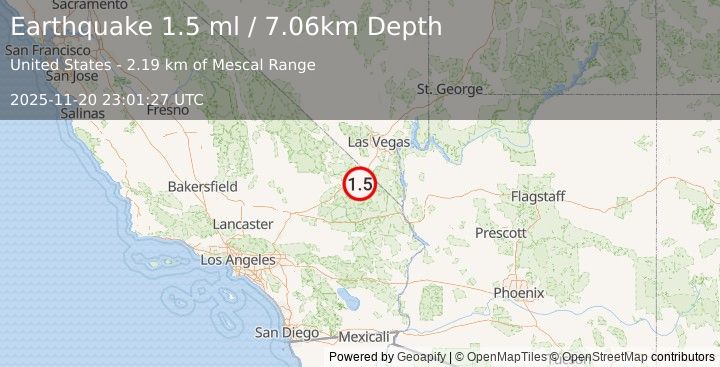 Earthquake 44 km S of Sandy Valley, Nevada (1.5 ml) (2025-11-20 23:01:27 UTC)