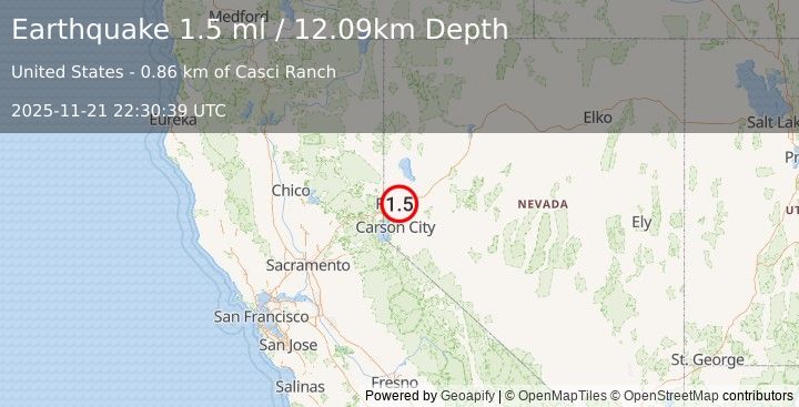 Earthquake 5 km ESE of Sparks, Nevada (1.5 ml) (2025-11-21 22:30:39 UTC)