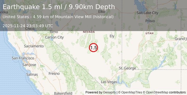 Earthquake 82 km NE of Tonopah, Nevada (1.5 ml) (2025-11-24 23:03:49 UTC)