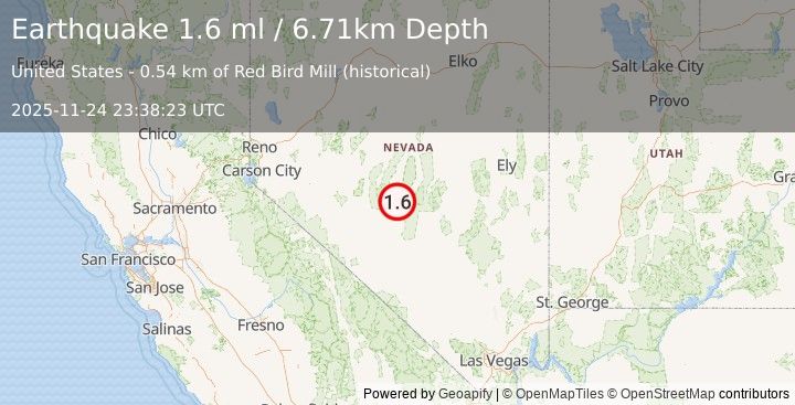 Earthquake 60 km S of Kingston, Nevada (1.6 ml) (2025-11-24 23:38:23 UTC)