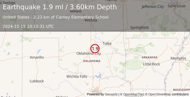 Earthquake 2 km ESE of Carney, Oklahoma (1.9 ml) (2024-10-15 10:12:31 UTC)